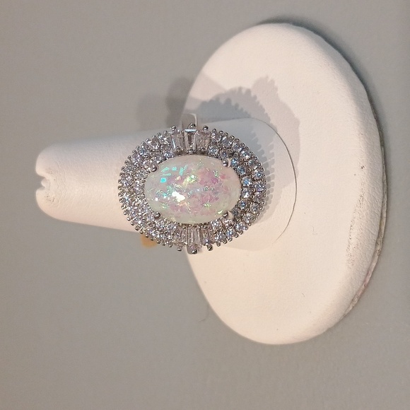 Oval Opal Cocktail Ring With Imitation Rhodium & CZ Halo size 6-10 - Picture 7 of 8
